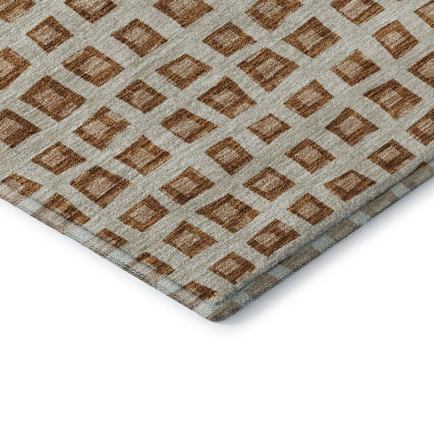 8' Rust Copper And Beige Geometric Washable Round Rug With UV Protection