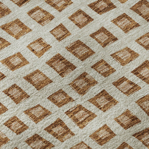 8' Rust Copper And Beige Geometric Washable Round Rug With UV Protection