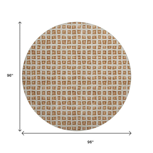 8' Rust Copper And Beige Geometric Washable Round Rug With UV Protection