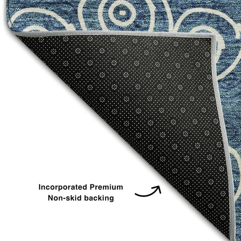 5' X 8' Blue And Ivory Polka Dot Washable Area Rug With UV Protection