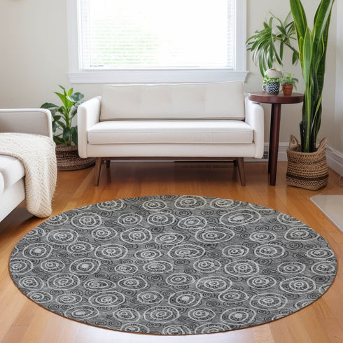 8' Gray And Silver Polka Dot Washable Round Rug With UV Protection