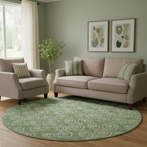 8' Green And Ivory Polka Dot Washable Round Rug With UV Protection