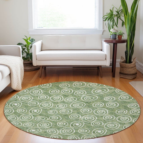8' Green And Ivory Polka Dot Washable Round Rug With UV Protection