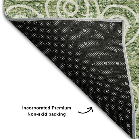 8' Green And Ivory Polka Dot Washable Round Rug With UV Protection