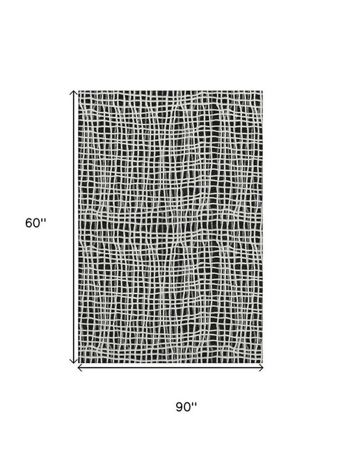 5' X 8' Black And Ivory Striped Washable Area Rug With UV Protection