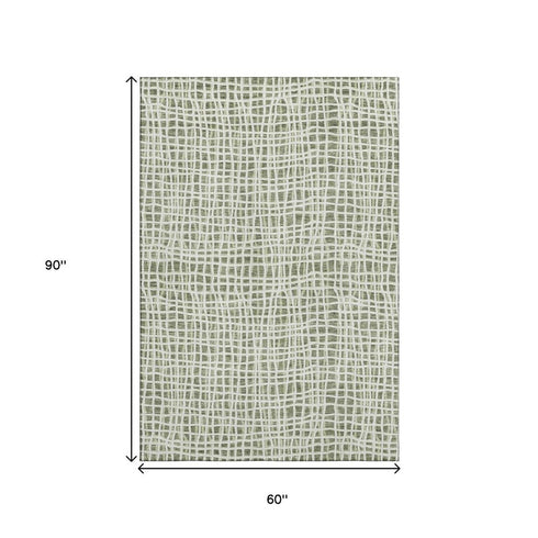 5' X 8' Green And Ivory Striped Washable Area Rug With UV Protection