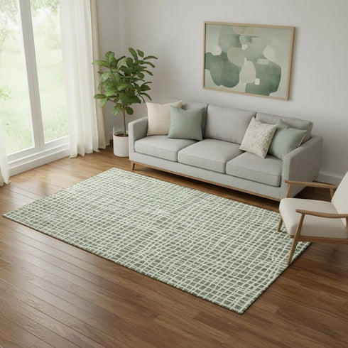 5' X 8' Green And Ivory Striped Washable Area Rug With UV Protection