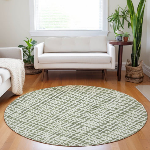 8' Green And Ivory Striped Washable Round Rug With UV Protection