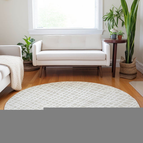 8' Ivory And Beige Striped Washable Round Rug With UV Protection