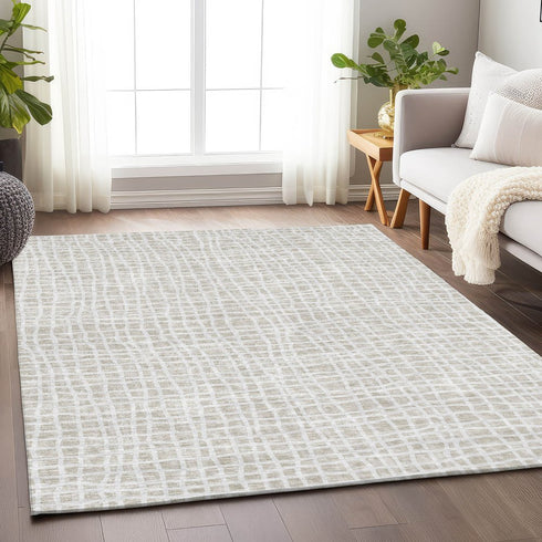 8' X 10' Ivory And Beige Striped Washable Area Rug With UV Protection