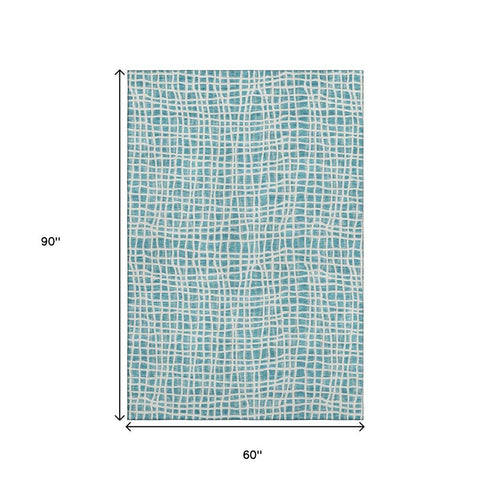 5' X 8' Teal And Ivory Striped Washable Area Rug With UV Protection