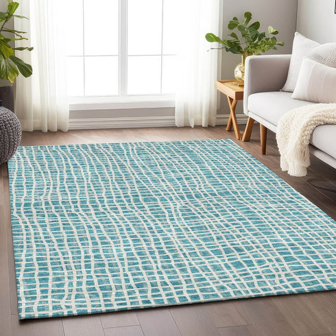 5' X 8' Teal And Ivory Striped Washable Area Rug With UV Protection