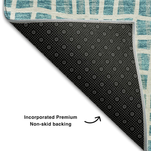 5' X 8' Teal And Ivory Striped Washable Area Rug With UV Protection