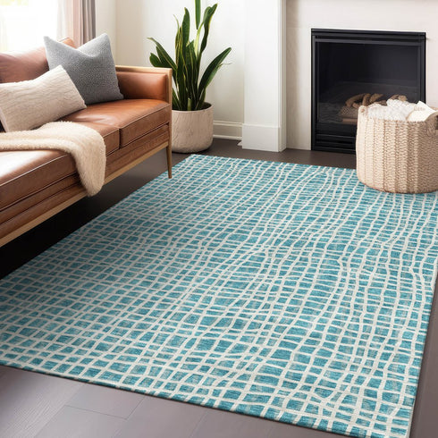 5' X 8' Teal And Ivory Striped Washable Area Rug With UV Protection
