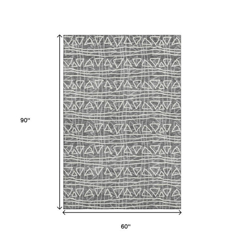 5' X 8' Charcoal And Ivory Geometric Washable Area Rug With UV Protection