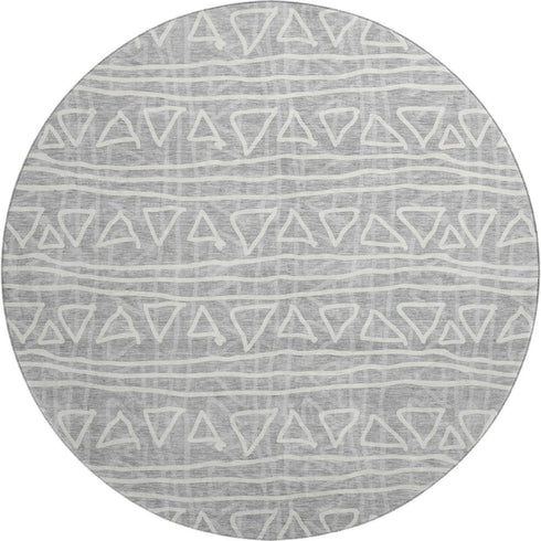 8' Gray And Silver Geometric Washable Round Rug With UV Protection