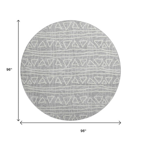 8' Gray And Silver Geometric Washable Round Rug With UV Protection