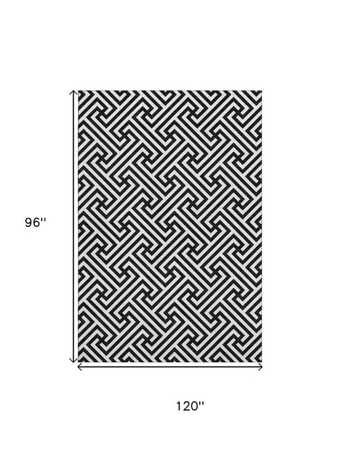 8' X 10' Black And Ivory Geometric Washable Area Rug With UV Protection