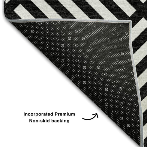 8' X 10' Black And Ivory Geometric Washable Area Rug With UV Protection