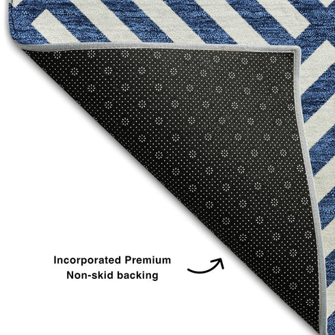 5' X 8' Blue And Ivory Geometric Washable Area Rug With UV Protection