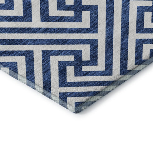 5' X 8' Blue And Ivory Geometric Washable Area Rug With UV Protection