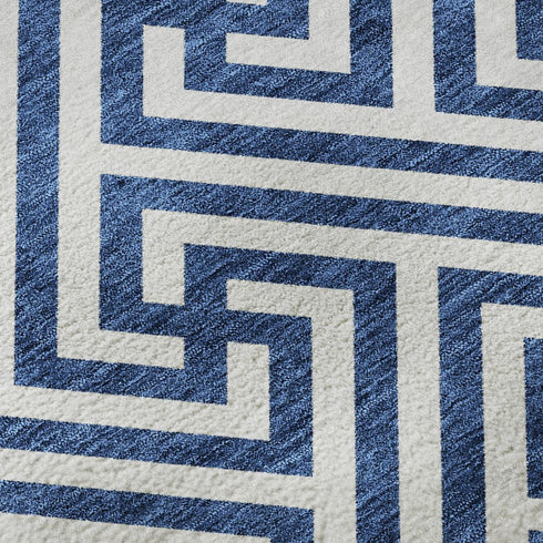 5' X 8' Blue And Ivory Geometric Washable Area Rug With UV Protection