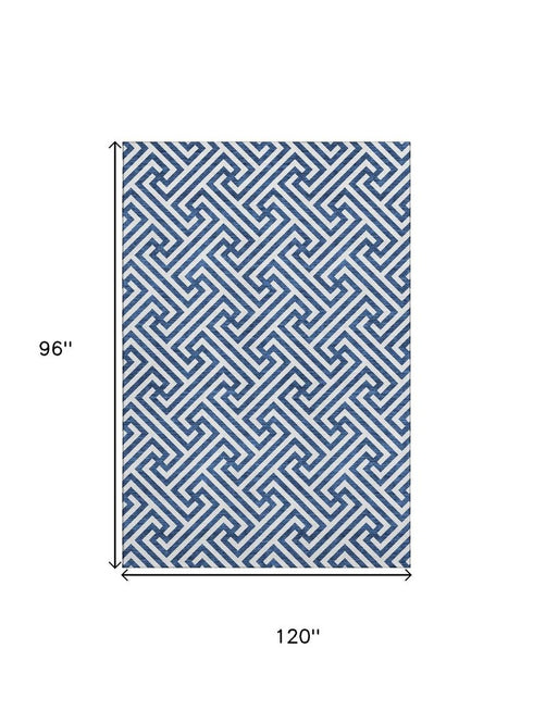8' X 10' Blue And Ivory Geometric Washable Area Rug With UV Protection