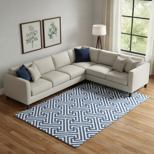 8' X 10' Blue And Ivory Geometric Washable Area Rug With UV Protection