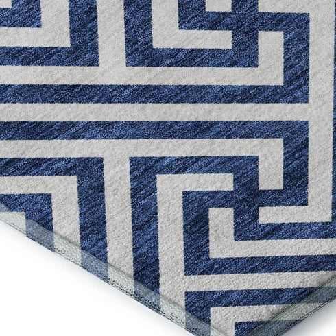 8' X 10' Blue And Ivory Geometric Washable Area Rug With UV Protection