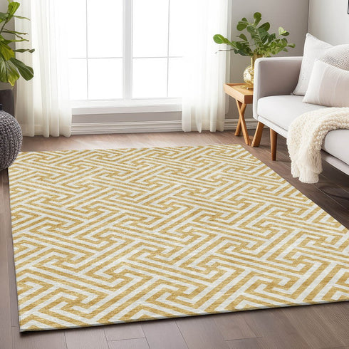8' X 10' Gold And Ivory Geometric Washable Area Rug With UV Protection