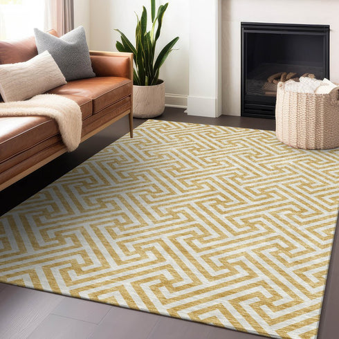 8' X 10' Gold And Ivory Geometric Washable Area Rug With UV Protection