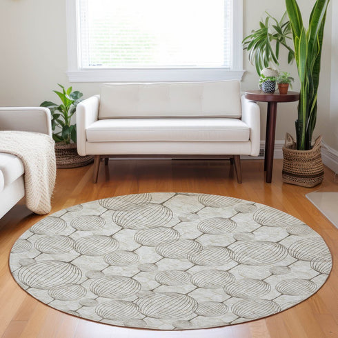 8' Beige And Brown Geometric Washable Round Rug With UV Protection