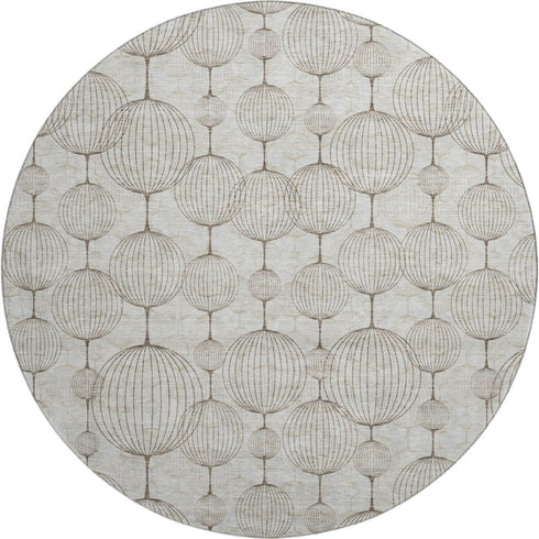 8' Beige And Brown Geometric Washable Round Rug With UV Protection