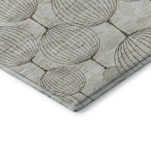 8' Beige And Brown Geometric Washable Round Rug With UV Protection