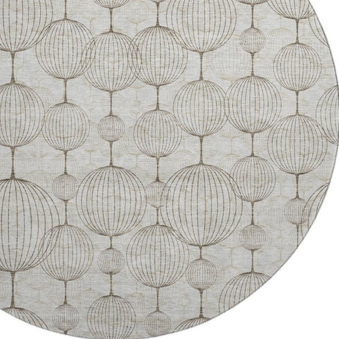8' Beige And Brown Geometric Washable Round Rug With UV Protection