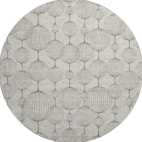 8' Beige And Brown Geometric Washable Round Rug With UV Protection
