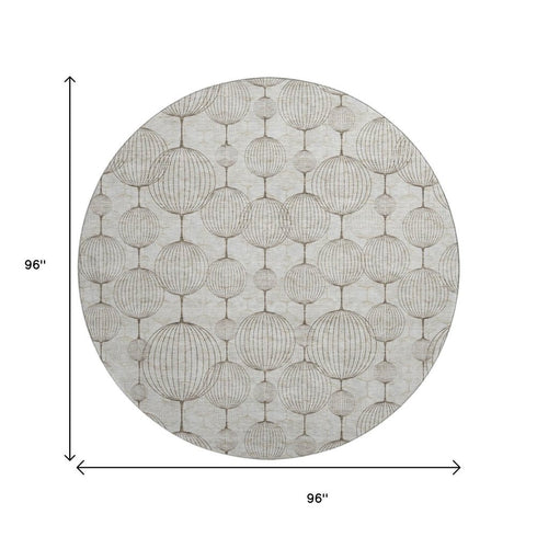 8' Beige And Brown Geometric Washable Round Rug With UV Protection
