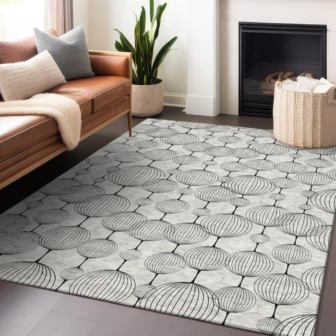 9' X 12' Graphite And Silver Geometric Washable Area Rug With UV Protection