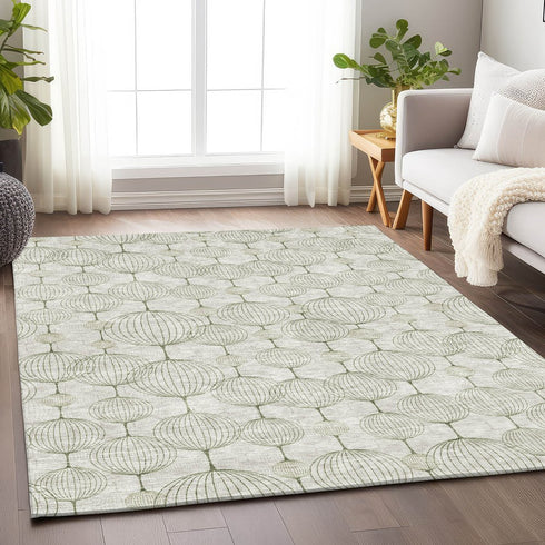 8' X 10' Green And Beige Geometric Washable Area Rug With UV Protection