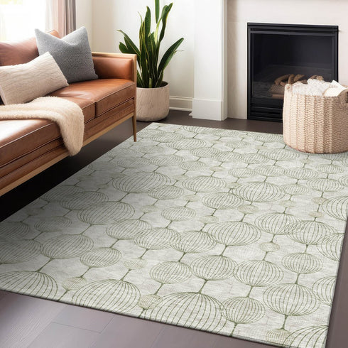 8' X 10' Green And Beige Geometric Washable Area Rug With UV Protection