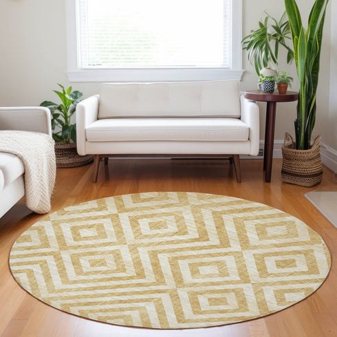 8' Gold And Ivory Geometric Washable Round Rug With UV Protection