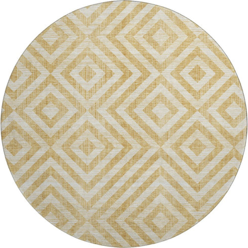 8' Gold And Ivory Geometric Washable Round Rug With UV Protection