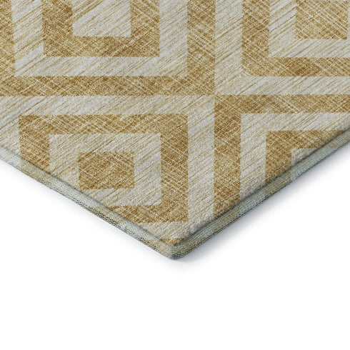 8' Gold And Ivory Geometric Washable Round Rug With UV Protection