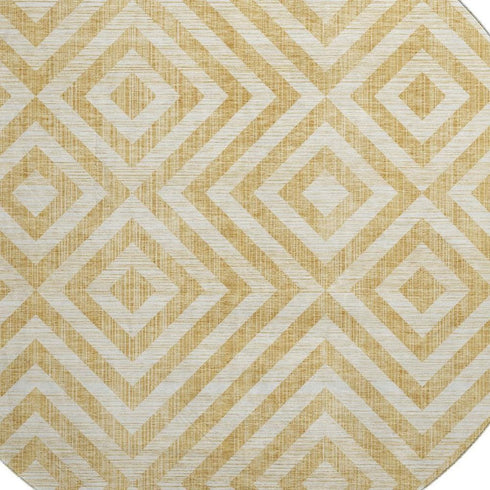 8' Gold And Ivory Geometric Washable Round Rug With UV Protection