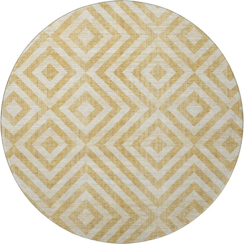 8' Gold And Ivory Geometric Washable Round Rug With UV Protection