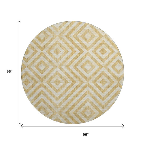 8' Gold And Ivory Geometric Washable Round Rug With UV Protection