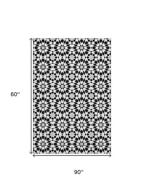 5' X 8' Black And Silver Geometric Washable Area Rug With UV Protection