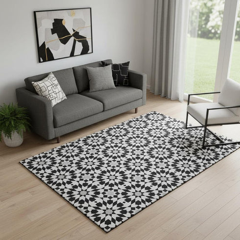 5' X 8' Black And Silver Geometric Washable Area Rug With UV Protection