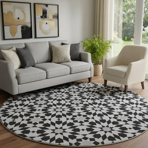 8' Black And Silver Geometric Washable Round Rug With UV Protection
