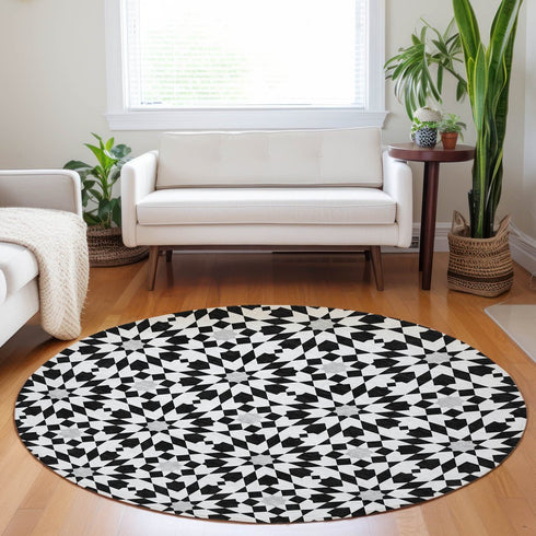 8' Black And Silver Geometric Washable Round Rug With UV Protection